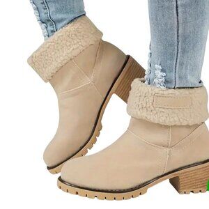 ✌️ 2/$40 ✌New Beige Faux Suede Ankle Boots With Fur Lining & Chunky Heel Size 41